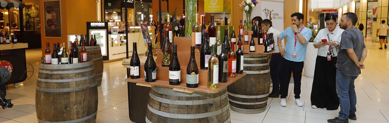 Fotografía de presentación de vinos en los pasillos de Mallplaza